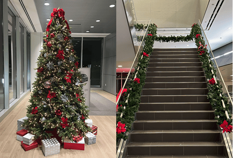 commercial building entrance decorated with holiday lights and wreaths and trees in chicago